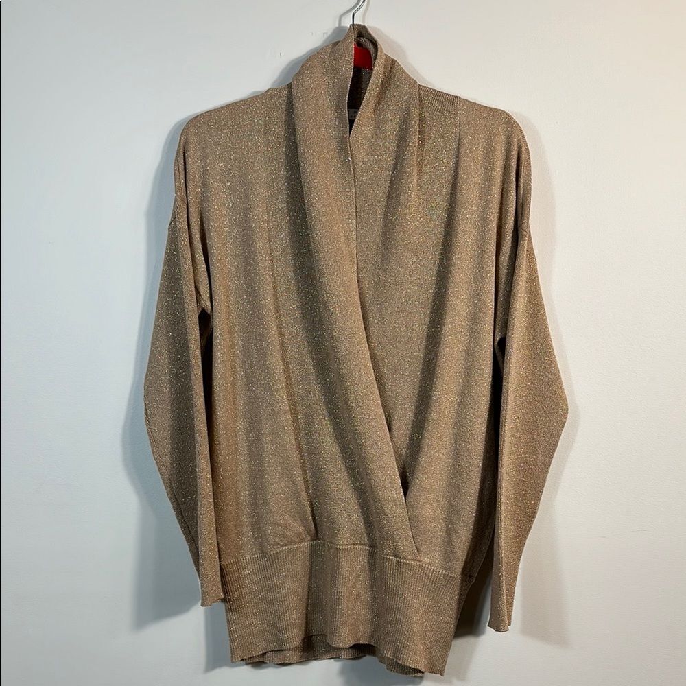 Chaus New York Gold Glitter Sparkle Faux Wrap Sweater Top Women Size Large